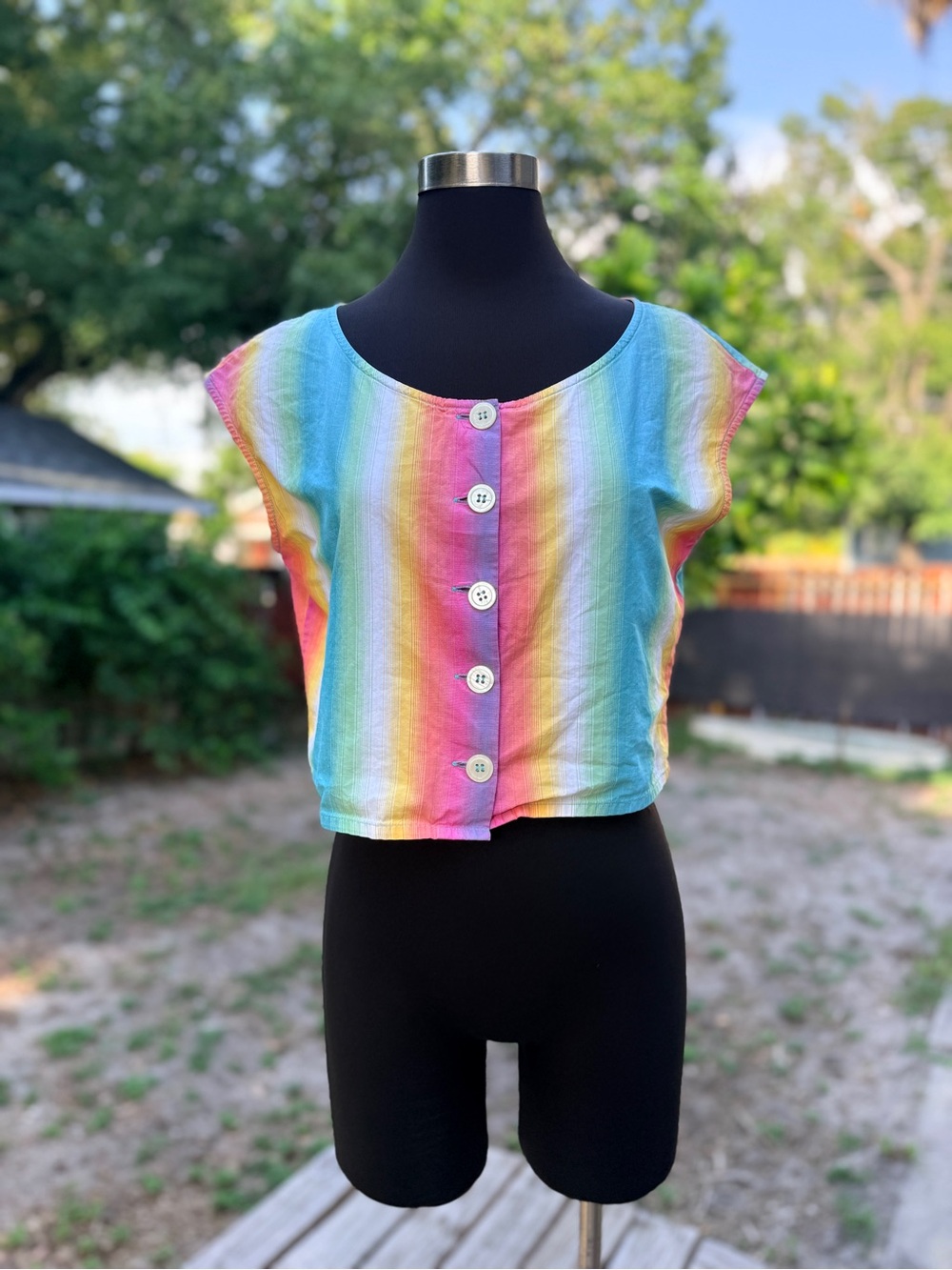 80s 90s Esprit Rainbow Button Down Cropped Top